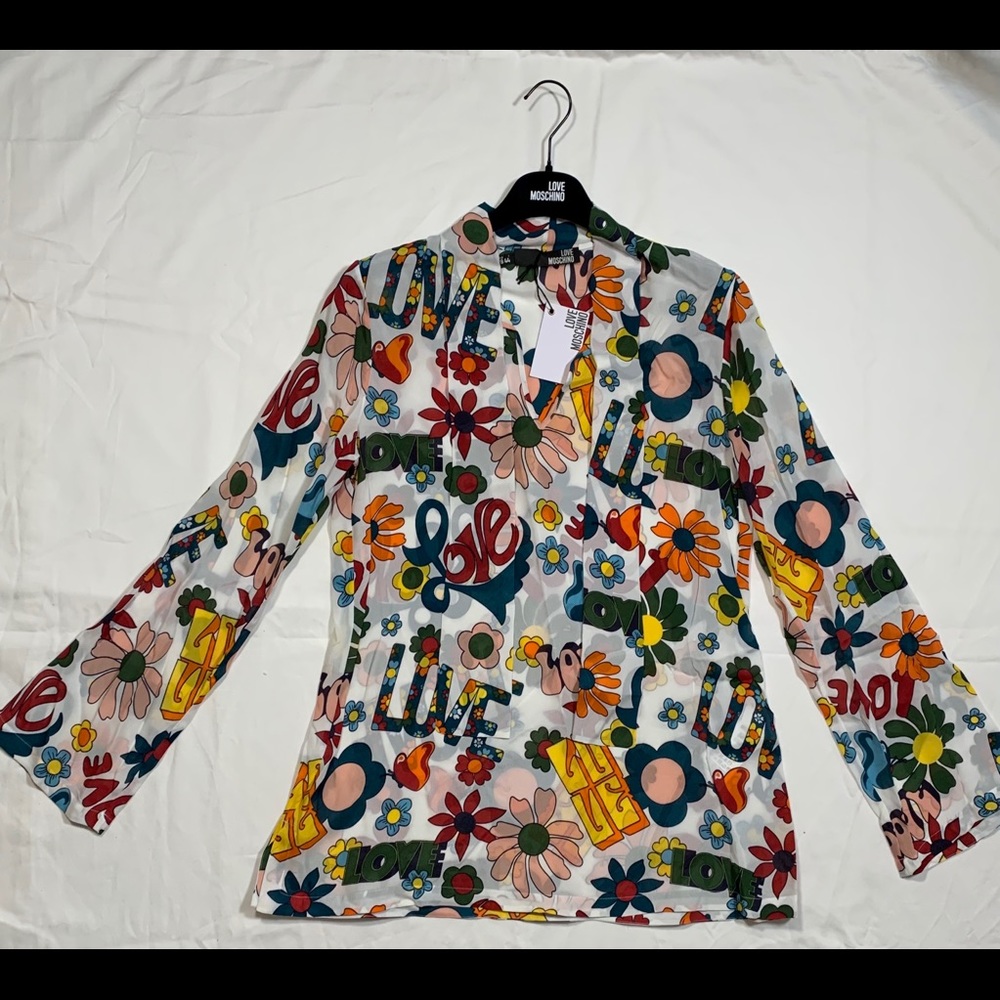LOVE Moschino women’s Love Print Neck Tie Blouse